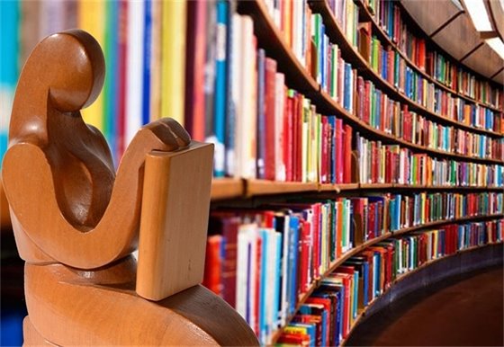 Wooden statue in front of a curved bookcase full of books.