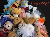 Woman surrounded by puppets.