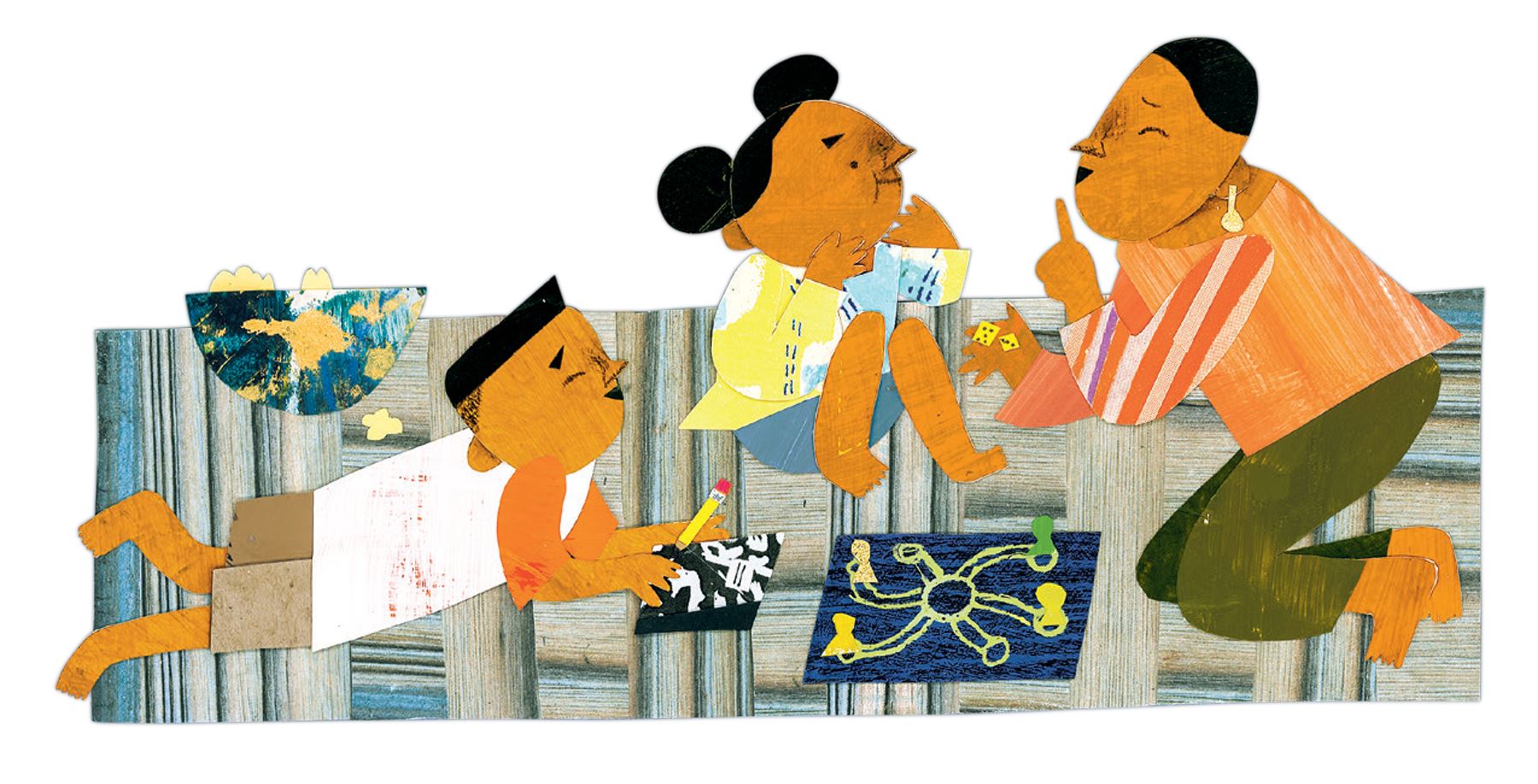 Cut-paper illustration of two children and an adult sitting on the floor playing a board game.  Art 