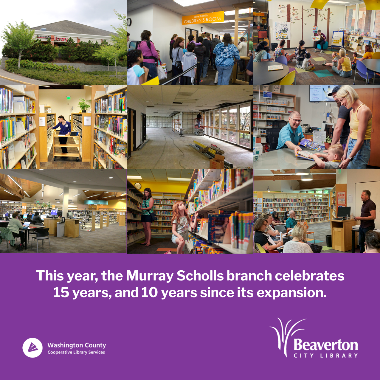 Graphic with text that reads "This year, the Murray Scholls branch celebrates 15 years, and 10...