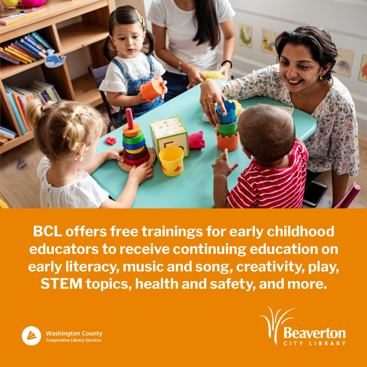 Graphic with text that reads "BCL offers free trainings for early childhood educators to receive 