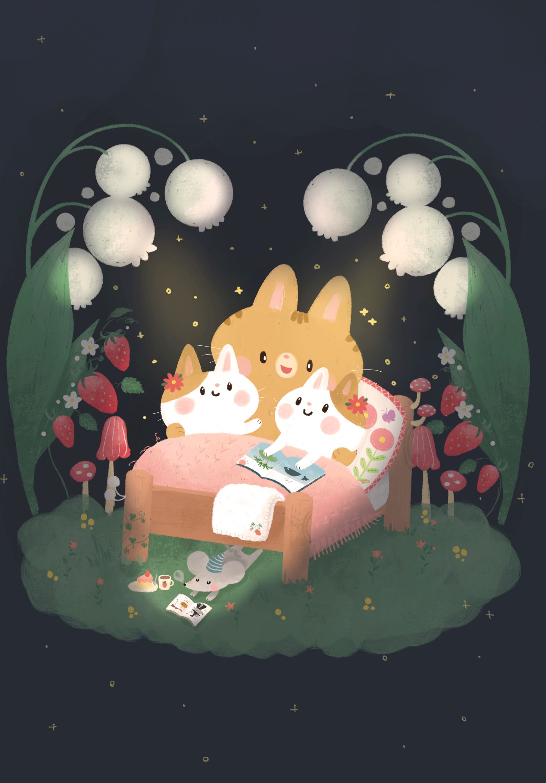 Illustration of large animal reading to smaller animals.