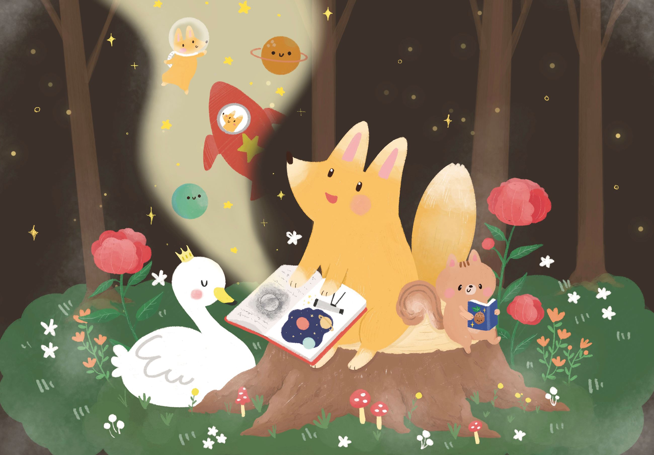 Illustration of large animal and small animals sharing books.